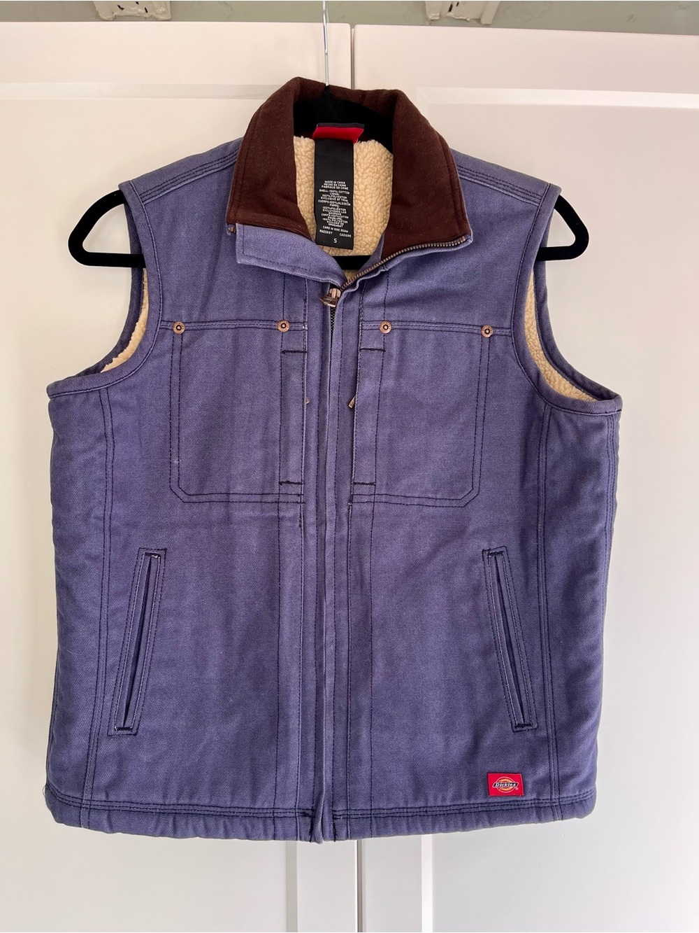 Vintage Dickies Purple/blue Work Vest with Brown Collar, Sherpa lining.